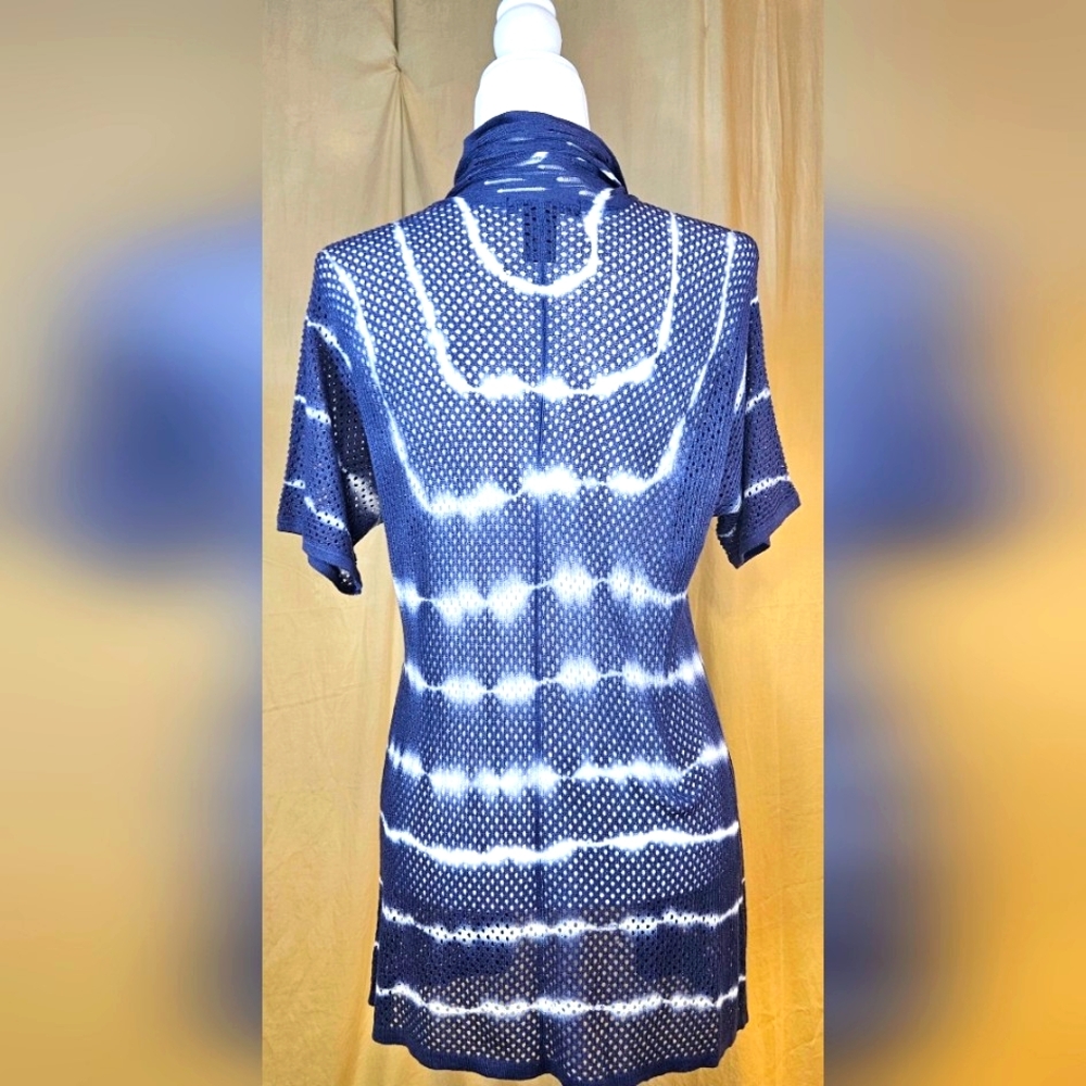Design 365 Blue Shibori Tie Dye Open Knit Draped Cardigan Wrap Small - Picture 7 of 9